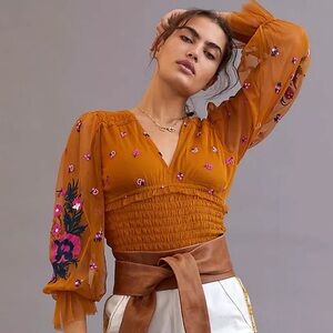 Anthropologie Smocked Tulle Embroidered Blouse